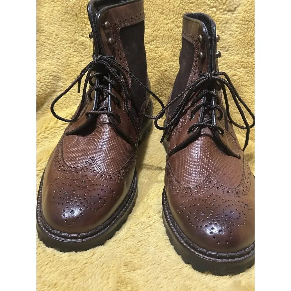 Johnston Murphy Mens Sz 8.5 Boots Brown Leather Wingtip Shearling Wool Sheepskin